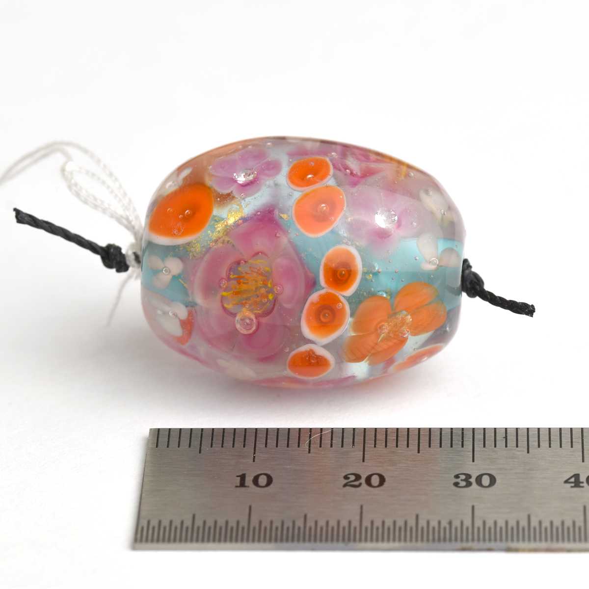 Perle de verre florale orange et bleue feuille d'or 🖤 Fabrication française 🖤