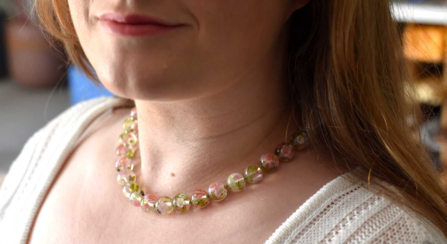 Botanical art glass bead knotted necklace by Kathryn Greer