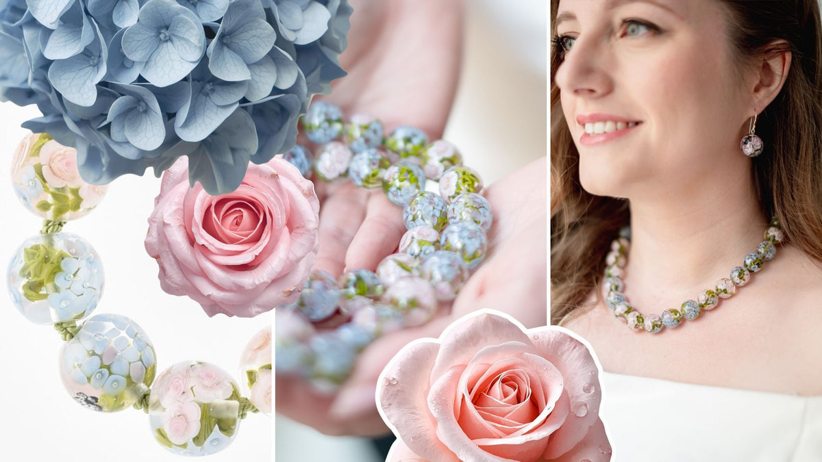 Création d'un collier de mariée sur mesure : Hortensias et roses en verre
