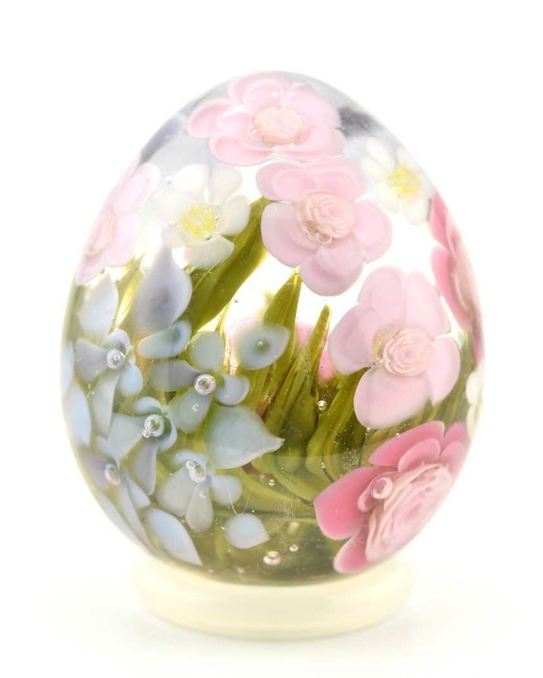Œuf en verre décoratif avec Hortensias bleus & Roses fuchsia et pâle
