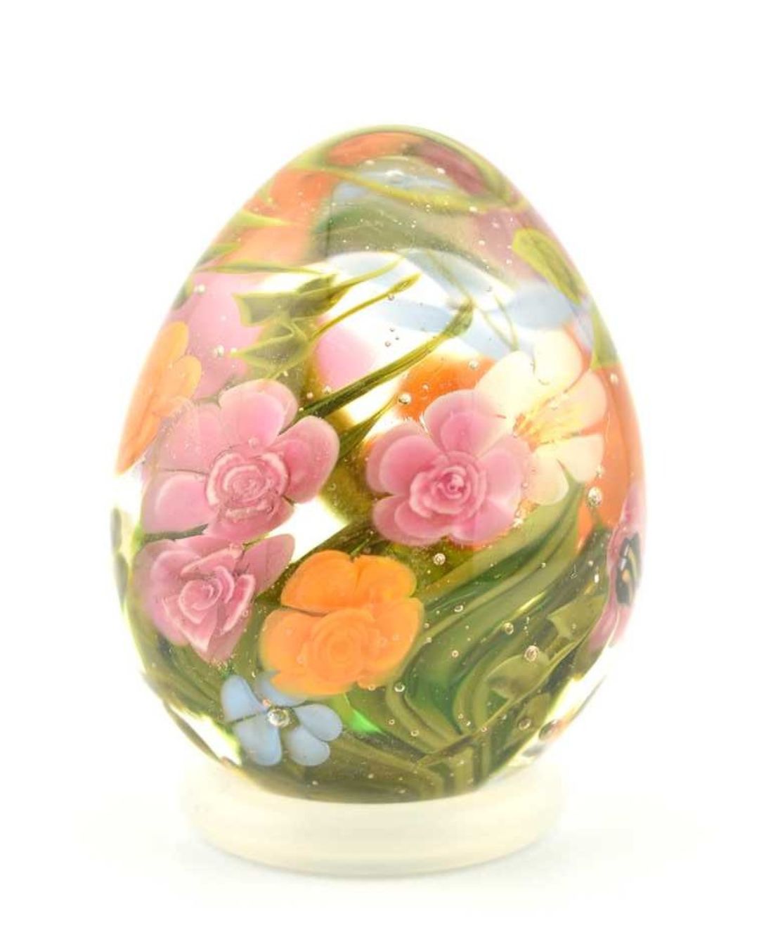 Œuf en verre décoratif avec Roses orange & fuchsia, Myosotis