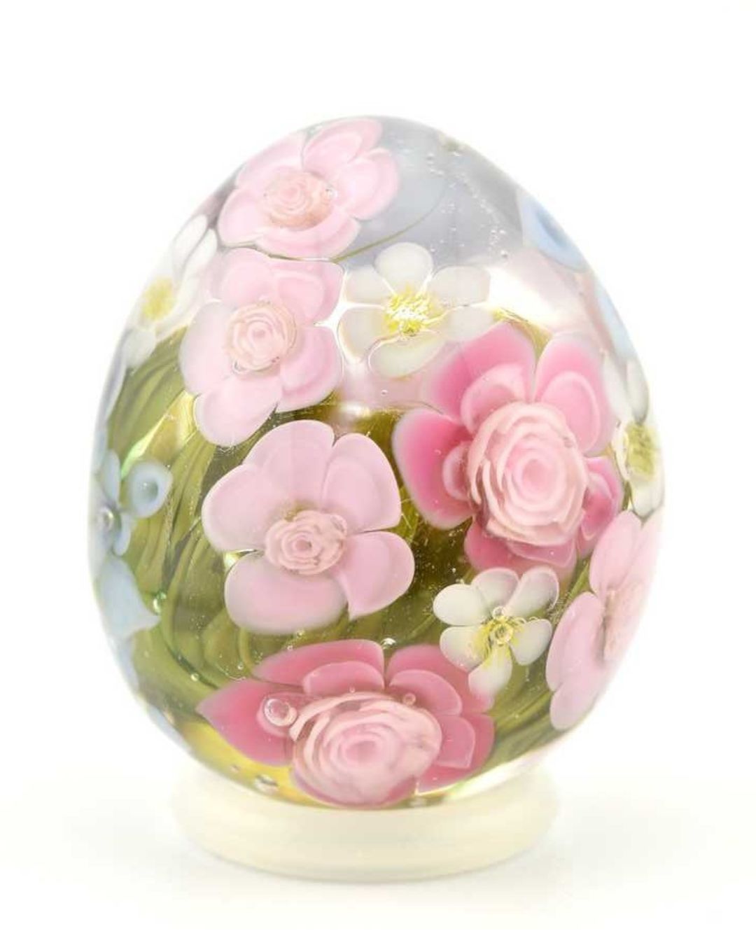 Œuf en verre décoratif avec Hortensias bleus & Roses fuchsia et pâle