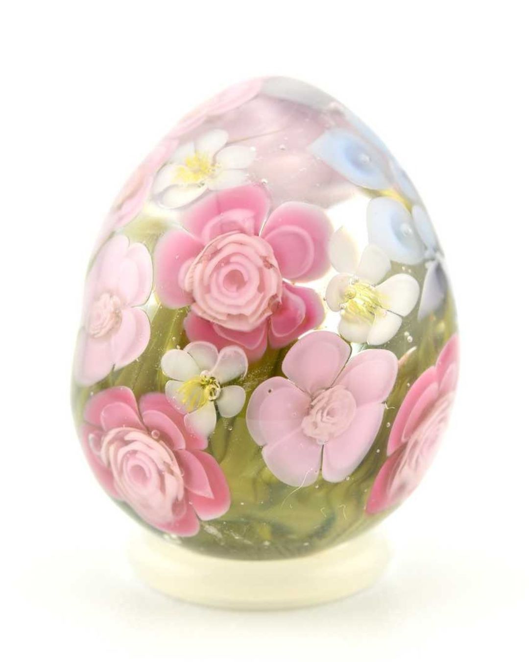 Œuf en verre décoratif avec Hortensias bleus & Roses fuchsia et pâle