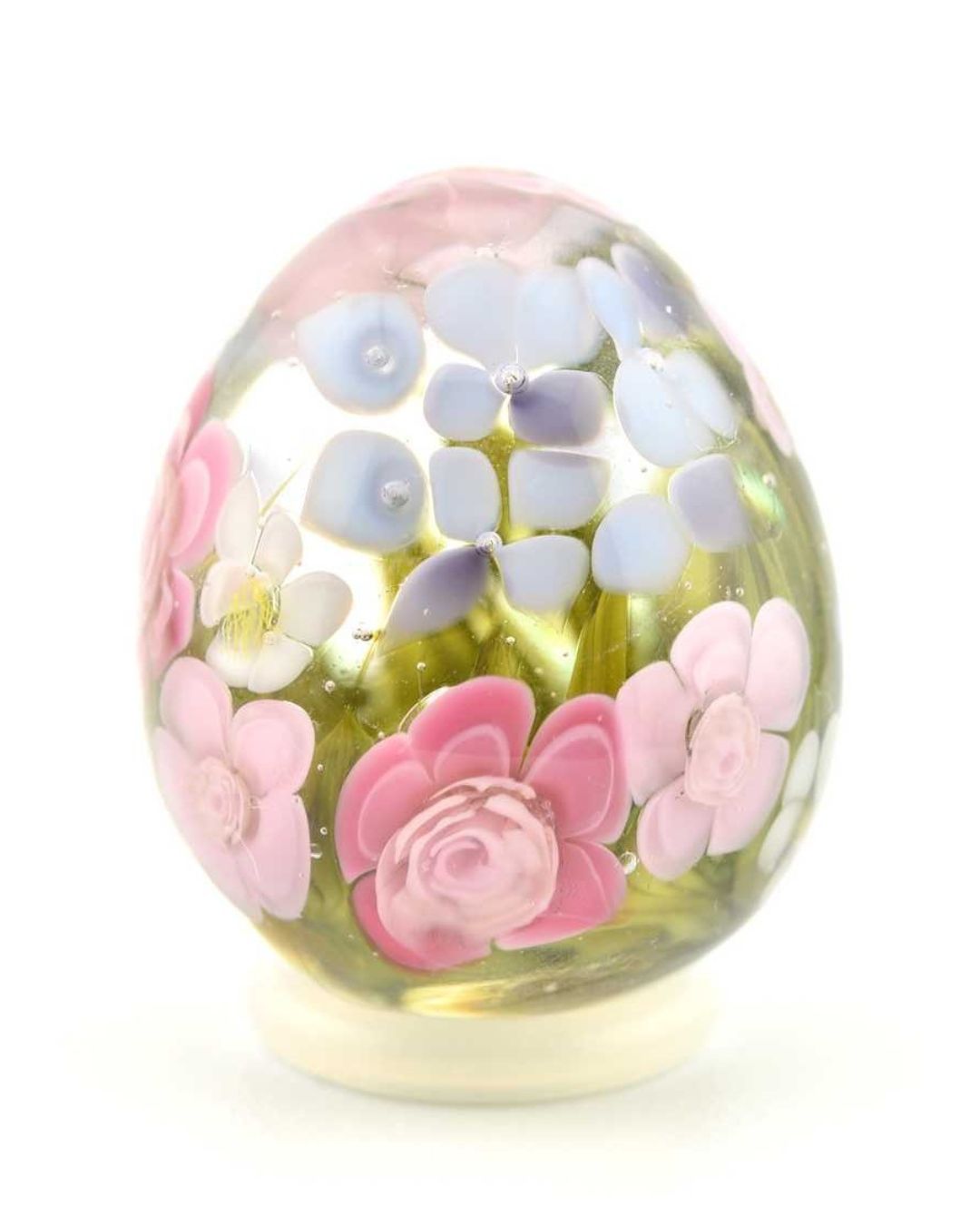 Œuf en verre décoratif avec Hortensias bleus & Roses fuchsia et pâle