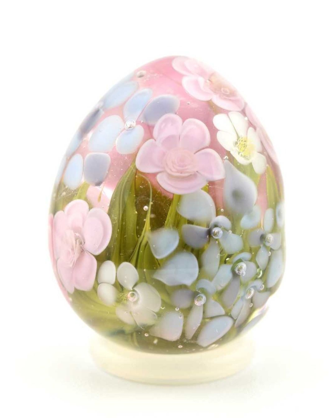 Œuf en verre décoratif avec Hortensias bleus & Roses fuchsia et pâle