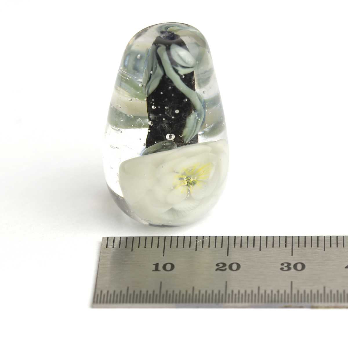 Perle de verre fleurie ivoire, noire et verte  🖤 Fabrication française 🖤