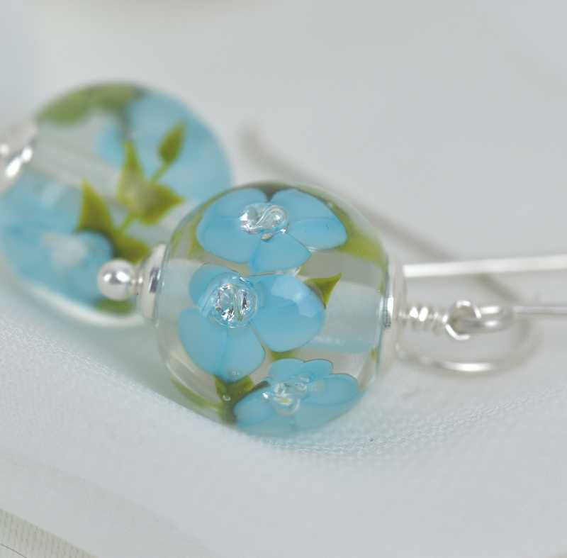 Dark Sky Blue Glass Flower Earrings